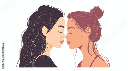 Flirty lesbian couple touching their noses Hand drawn