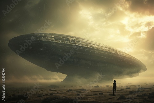 A man stands in front of a colossal extraterrestrial structure  possibly a spaceship  showcasing the stark size difference