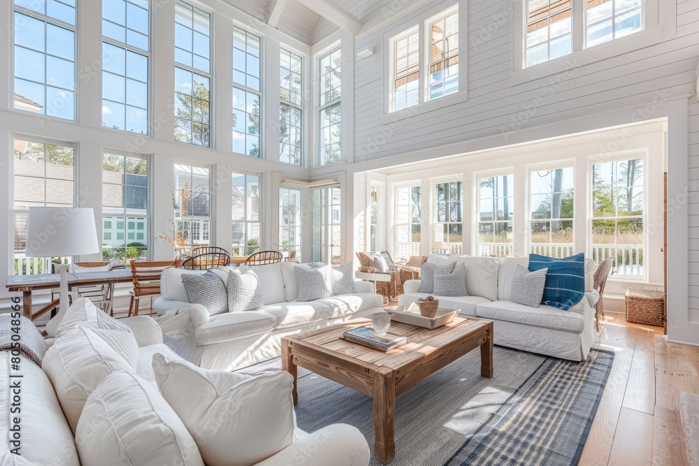 A bright and airy Nantucket home interior with a coastal-inspired living room filled with white furniture and large windows