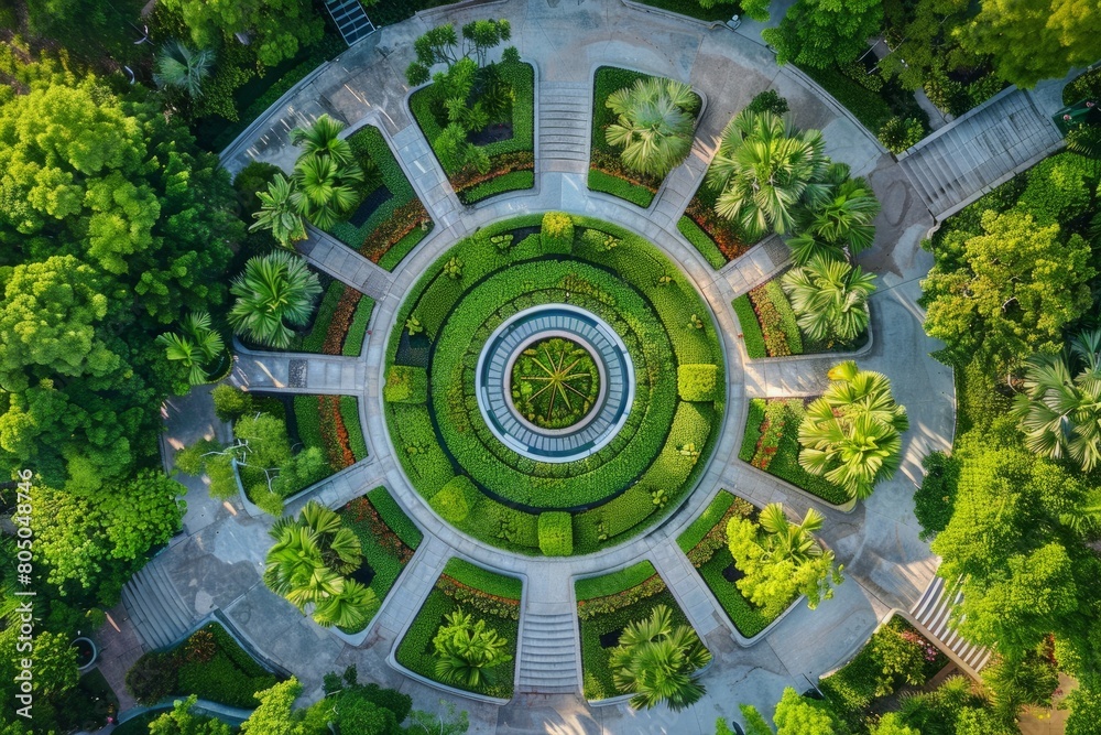 A drones perspective captures a circular garden neatly arranged in the center of a park, showcasing its symmetrical design