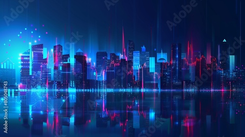 Futuristic city skyline at night in electric blue and violet, reflected in water