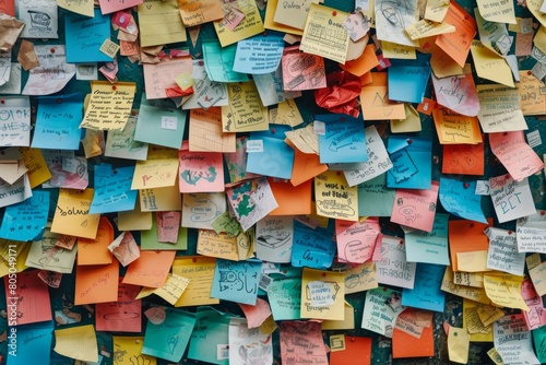 Lots of colorful post-it notes with various messages and reminders are covering the entire wall of a bulletin board