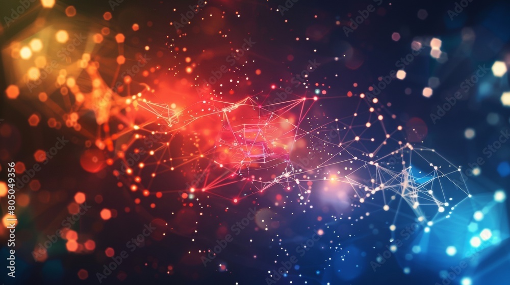 Abstract digital background with glowing light dots and network connections on dark blue, red, and orange colors.