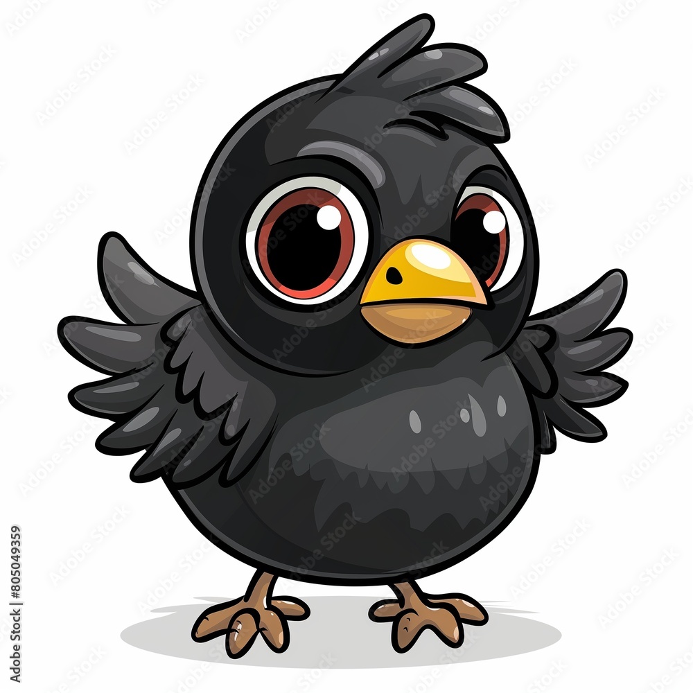 Fototapeta premium Cute Cartoon Black Bird with Bright Eyes Standing Smiling Illustration