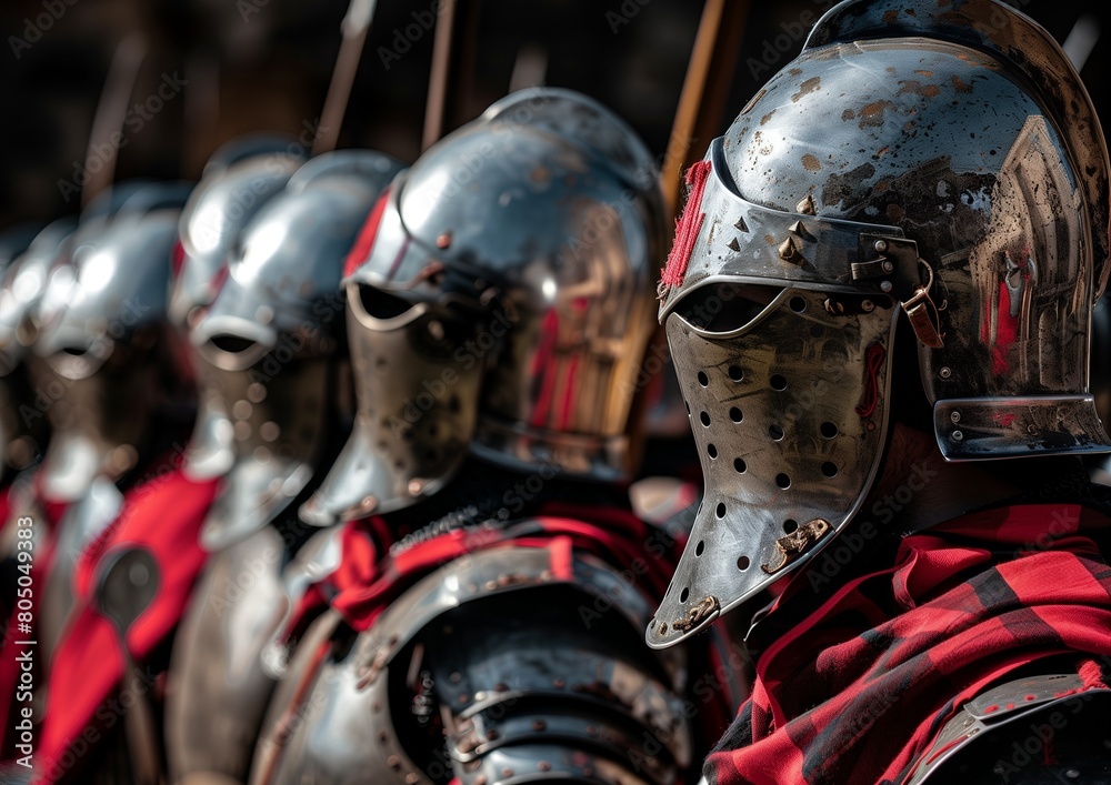 Close-up of Medieval Knight Helmets and Armor at Historical Reenactment Event Close-up of Medieval Knight Helmets and Armor at Historical Reenactment Event