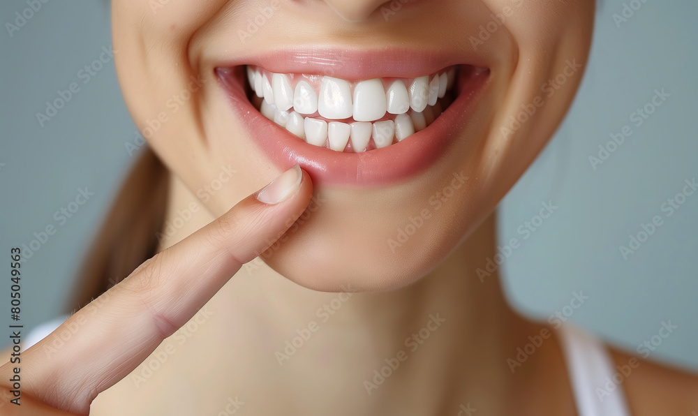 Obraz premium Woman pointing finger at beautiful healthy smile, dental proper teeth cleaning and caries prevention concept.