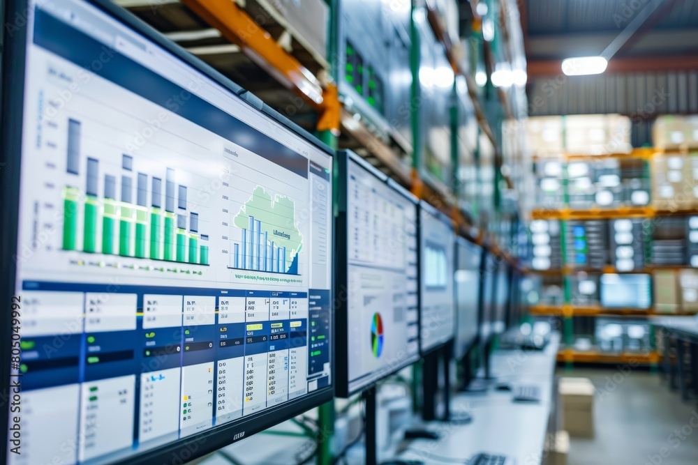 A large monitor displays logistics data analysis in a busy warehouse with numerous shelves