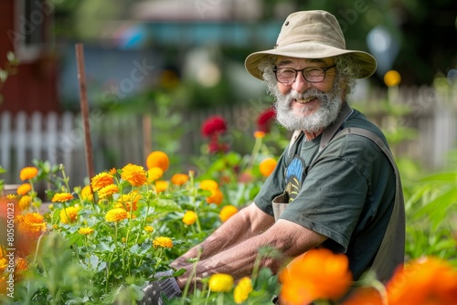 A man wearing a hat and sporting a beard standing amidst a vibrant field of blooming flowers