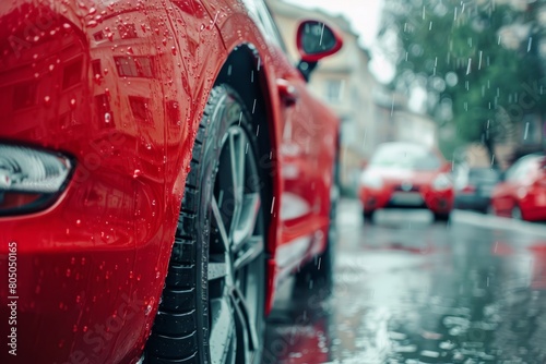 A red car parked on the side of a wet road during a rainy day, with raindrops falling on its exterior