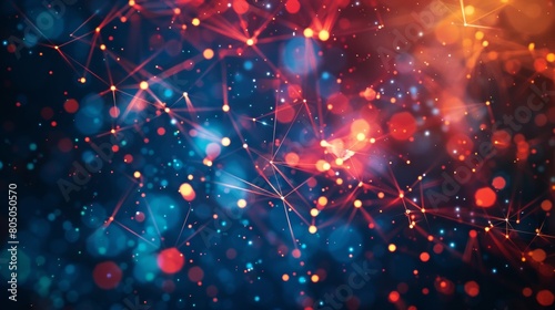 Abstract digital background with glowing light dots and network connections on dark blue, red, and orange colors.