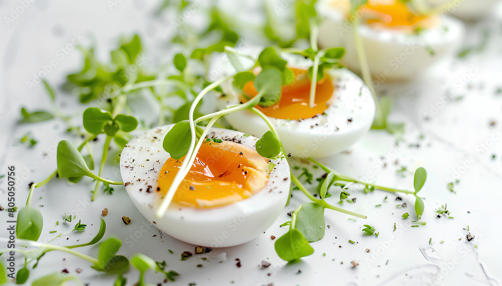 Soft boiled eggs with micro green on white background Soft boiled eggs with micro green on white background
