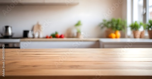 Empty wooden table top with blurred kitchen background for product placement. Product background