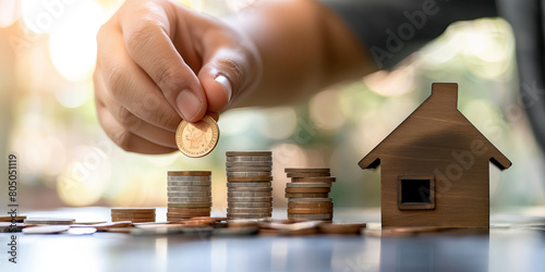 Hand placing coin near increasing coin stacks and wooden house model. Personal finance and real estate investment concept. Design for financial education, mortgage, and savings promotion. photo