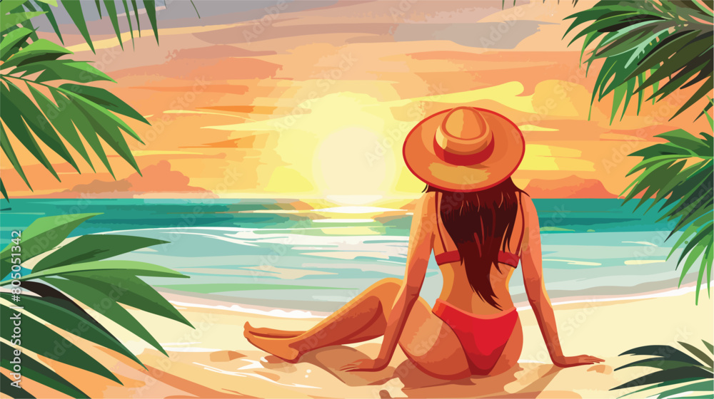 A woman in a red swimsuit and a hat sits on the sand