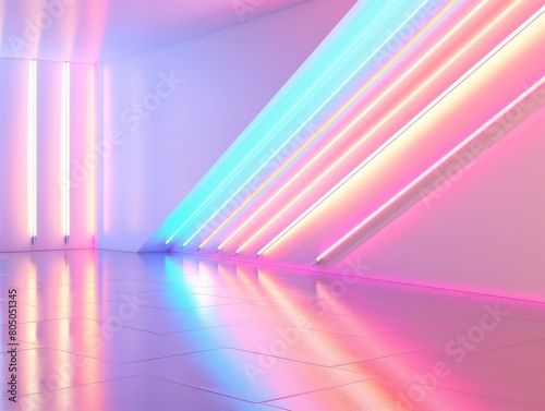Bright neon lights illuminating a minimalistic interior with vibrant color gradients and reflections.