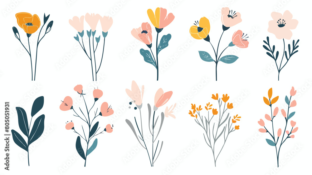 Abstract minimalistic flowers set. Modern floral 