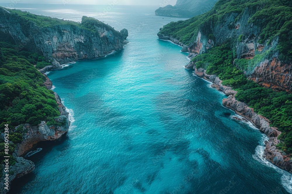 Drone perspective of a sandy beach curving gently into a calm sea, highlighting the smooth transition from land to water.. AI generated. Drone perspective of a sandy beach curving gently into a calm sea, highlighting the smooth transition from land to water.. AI generated.