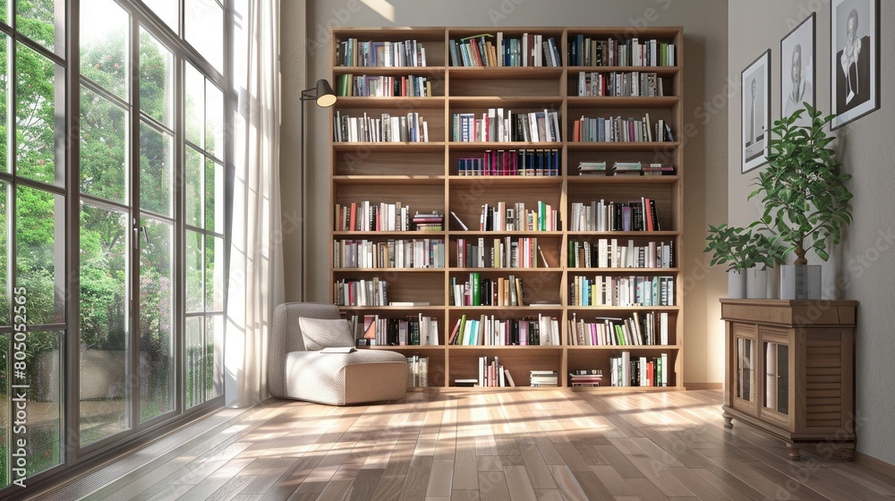 A  large library with many books and a comfortable chair to sit and read in. The library has a large window that lets in plenty of natural light.