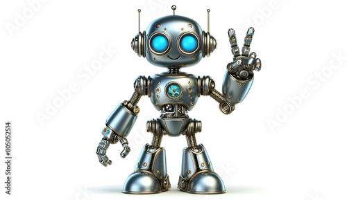 Adorable metallic robot, standing with peace hands pose
