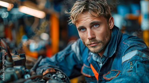 Portrait of a car mechanic repairing a car in a garage