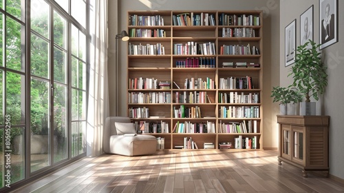 A large library with many books and a comfortable chair to sit and read in. The library has a large window that lets in plenty of natural light.