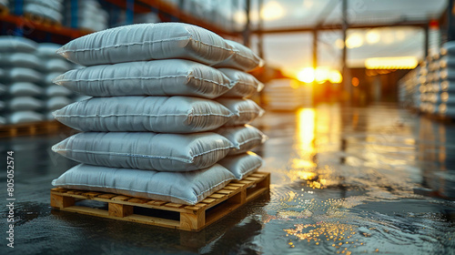 Pile of white sacks on a pallet in a warehous