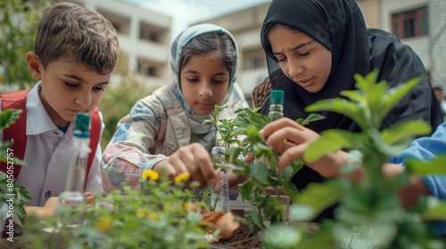 Hands-On Learning: Arabic Boys and Girls Test Crop Growth and Nutrition Additives. photo