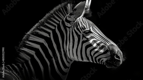   A black-and-white image of a zebra with its head turned to the side