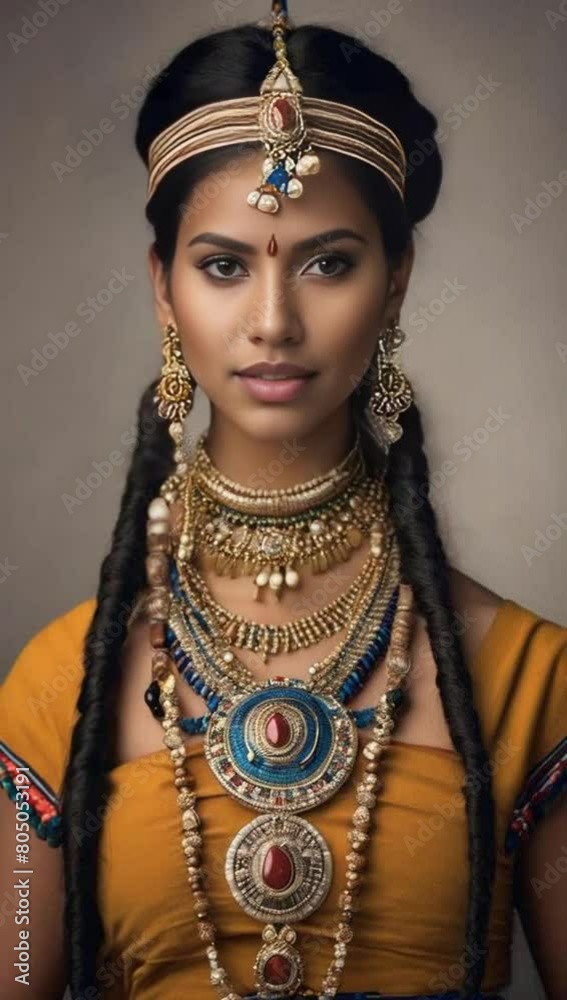 Portrait of a young woman of Indigenous descent wearing traditional j