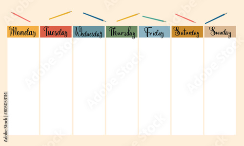 Template school timetable for students or pupils with days of week and free spaces for notes. Illustration includes many hand drawn elements of school