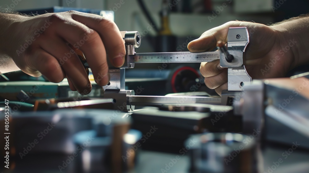 Quality control inspector measuring a metal part with a caliper, clear focus on tool and hands, bright light. Quality control inspector measuring a metal part with a caliper, clear focus on tool and hands, bright light.