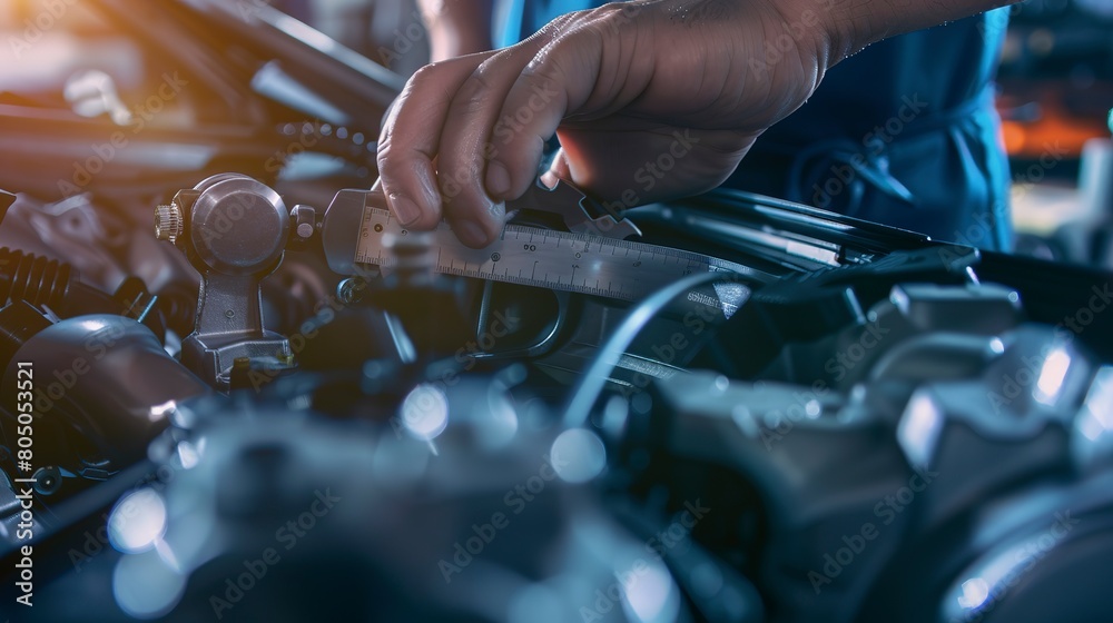 Auto parts quality check with micrometer, close view of hands and tool, metallic textures, focused light Auto parts quality check with micrometer, close view of hands and tool, metallic textures, focused light