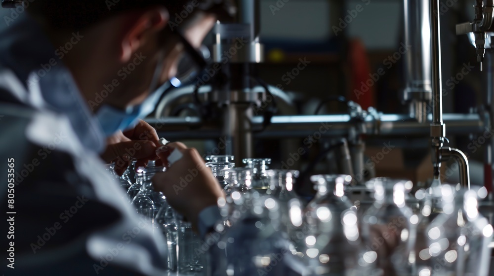 Close-up of a beverage production line inspector checking bottle seals, precise focus, factory lighting. Close-up of a beverage production line inspector checking bottle seals, precise focus, factory lighting.
