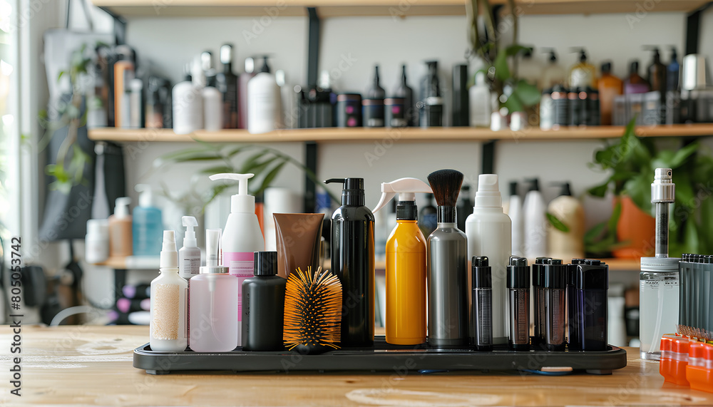 Organizers with different hair sprays and brushes on table in beauty salon Organizers with different hair sprays and brushes on table in beauty salon