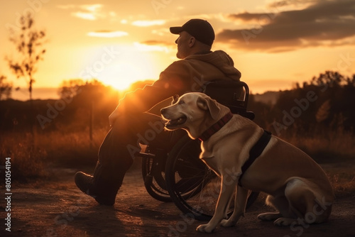 A man in a wheelchair sits outdoors with his trained dog sitting obediently beside him photo