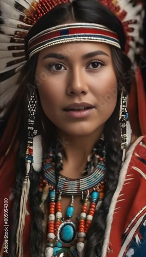 Portrait of a young Native American woman in traditional regalia awar