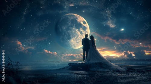 Newlyweds sharing under the enchanting glow of the full moon in the sky