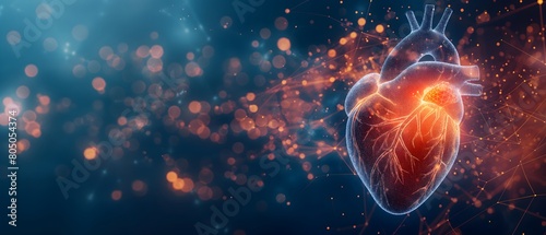 Abstract Panorama of a Glowing Human Heart Interconnected with Digital Nodes, Illustrating Cardiology on a Deep Blue Background