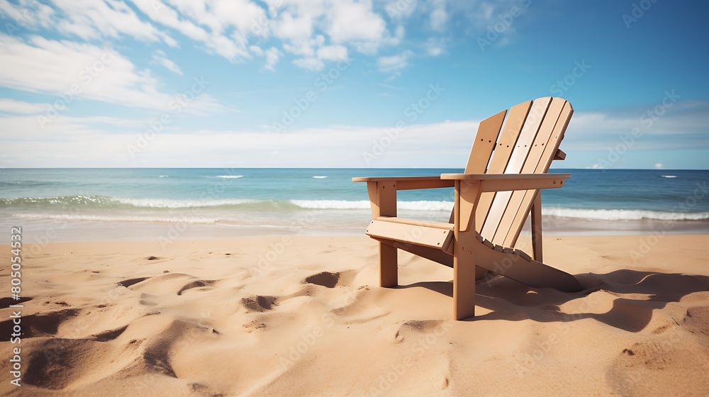 A classic wooden Adirondack chair on a sandy beach, providing a comfortable spot to soak up the sun