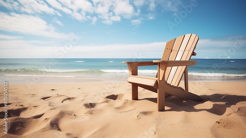 A classic wooden Adirondack chair on a sandy beach, providing a comfortable spot to soak up the sun © XGraphic