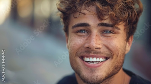 advertising portrait of smiling attractive young man with white teeth. Friendly expression. Spanish features. About 25 years old. Blurred background. hyper realistic 