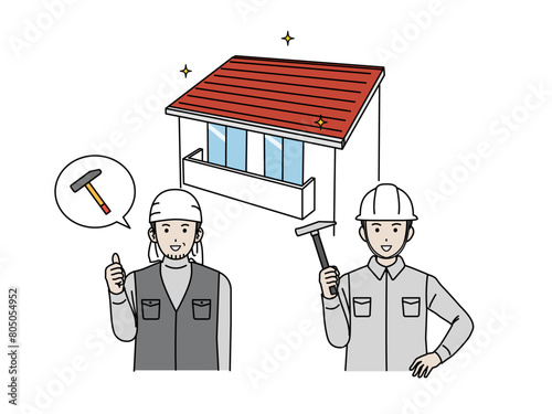 家を建てる、屋根修理する大工の男性のイラスト