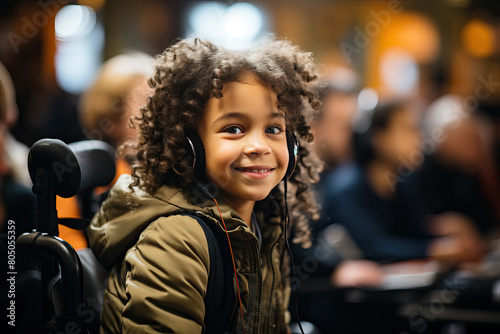 A young girl is sitting on a chair, wearing headphones and seemingly listening to music or audio content