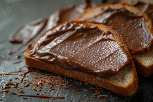 Creamy chocolate spread on toast close-up on texture and spreadability   photo