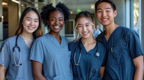 portrait of a group of medical team, wearing scrubs, celebrating medical education 