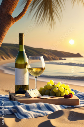 Sunset picnic white wine, grapes and cheese, on beautiful sea sand beach.