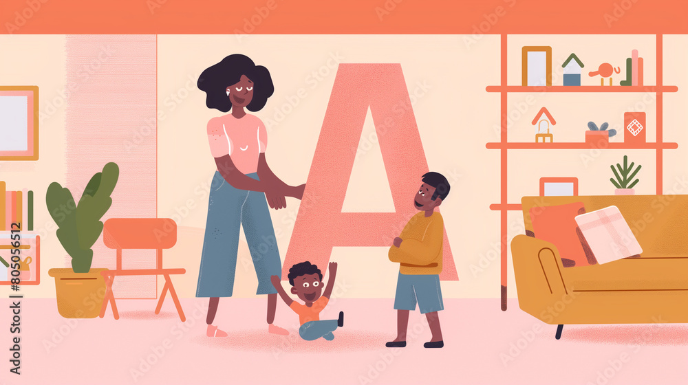 An illustration of an African American woman and her son playing with a large letter An illustration of an African American woman and her son playing with a large letter