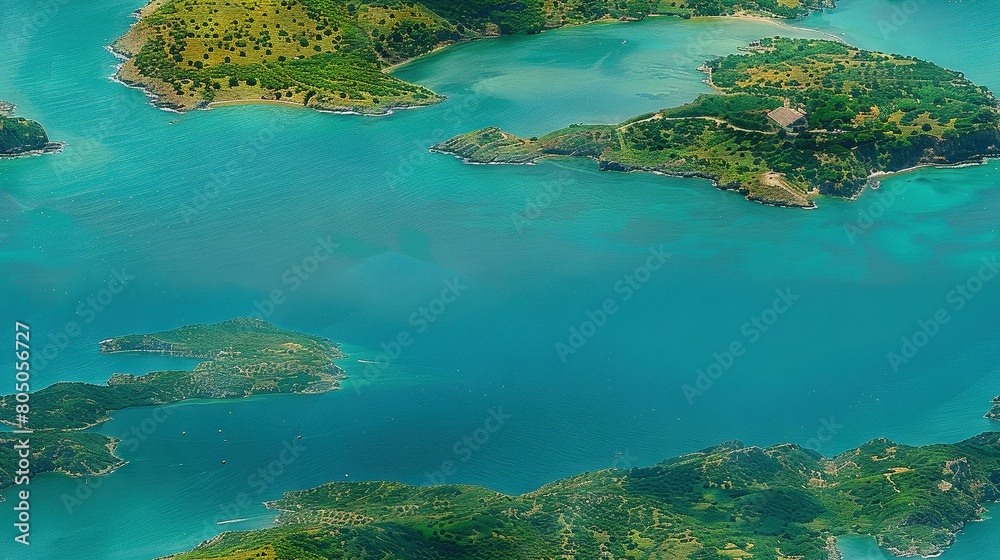   Aerial view of an island surrounded by water, with a plane passing overhead