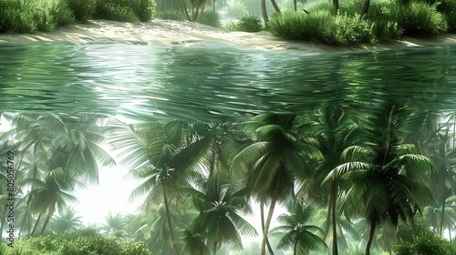  Tropical scenery depicted with palms upfront and water backdrop photo