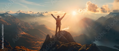 Traveler standing on top of a mountain with hands raised up , mission success and goal achieved, active tourism and mountain travel, concept success photo